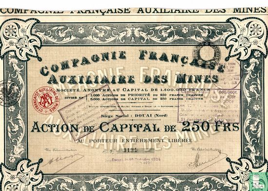 Compagnie Française Auxiliaire des Mines, Action de Capital de 250 Frs, 1924