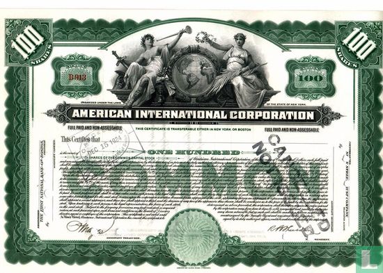 American International Corporation, Certificate for 100 shares