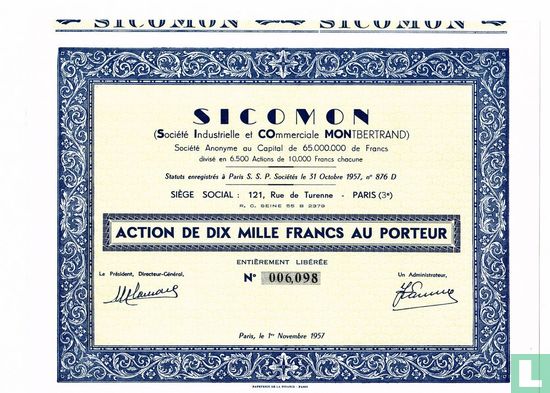 SICOMON (Société Industrielle et Commerciale Montbertrand), Action de dix mille francs, 1957