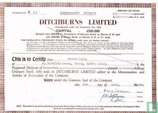 Ditchburns Limited, Certificaat van 25 Pond Ordinary Stock, 1962