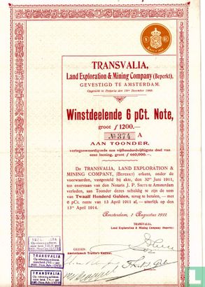Transvalia Land Exploration & Mining Company (Beperkt), Winstdeelende 6 Pct. Note, 1.200 Gulden, 1911