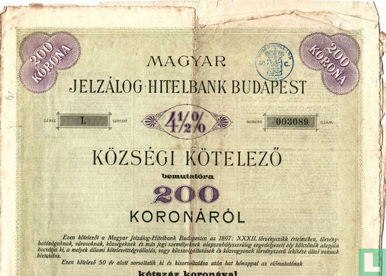 Magyar Jelzalog Hitelbank Budapest, Obligatie 4,5%, 1910 - Image 1