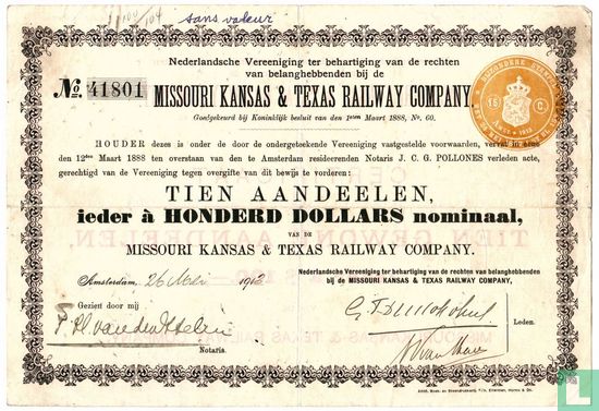 Missouri, Kansas and Texas Railway Company, Certificaat van 10 aandelen, 1913