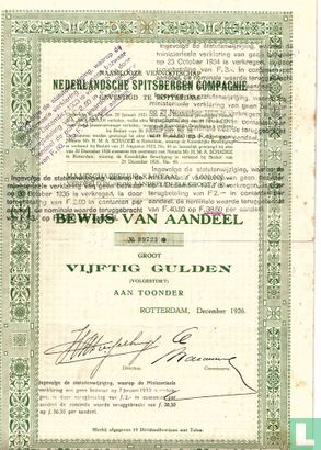 Nederlandsche Spitsbergen Compagnie, Bewijs van aandeel 50 Gulden, 1926