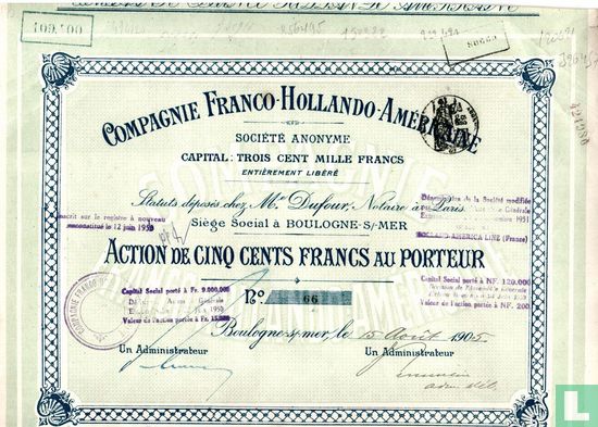 Compagnie Franco-Hollando-Americaine, Action de 500 Francs au Porteur, 1905
