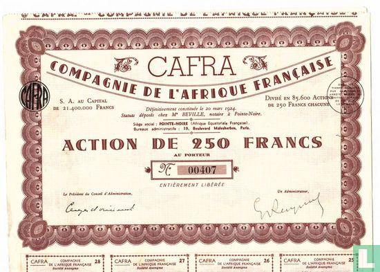 CAFRA (Compagnie de l'Afrique Française), Action de 250 Francs, 1944
