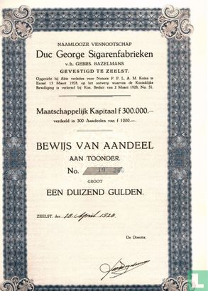 Duc George Sigarenfabrieken, Bewijs van aandeel 1.000 Gulden, 1928 - Image 1
