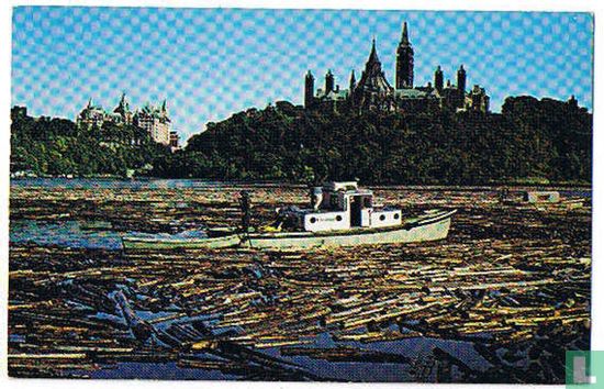 Otowa Ontario Canada - Sorting pulpwood logs for paper-making in the Ottawa River below the Parliament Buildings