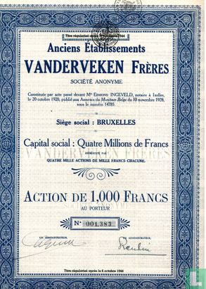 Anciens Etablissements Vanderveken Frères, Action de 1,000 Francs 