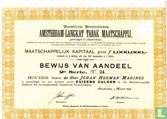 Amsterdam-Langkat Tabak Maatschappij, Bewijs van aandeel 1.000 Gulden, 1898