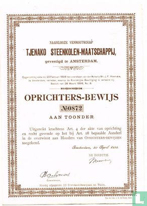 Tjenako Steenkolenmaatschappij, Oprichters-Bewijs, 1898