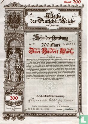 Anleihe des Deutsches Reich, Schuldverschreibung 200 Mark, 1890
