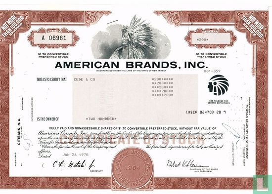 American Brands, Inc., Certificate for not more than 100,000 shares