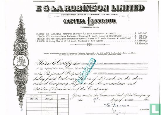 E S & A Robinson Limited, Certificaat van aandelen, 1946
