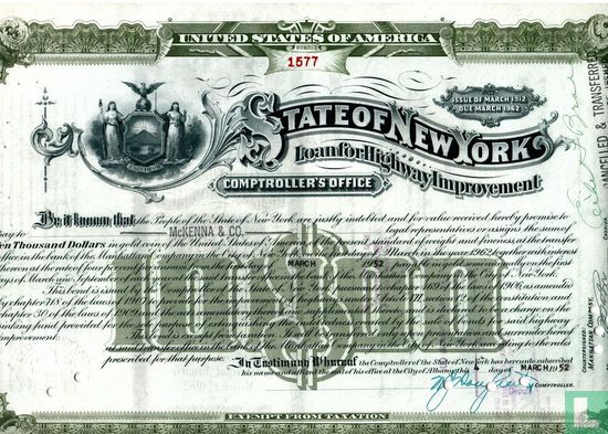 State of New York, Loan for Highway Improvement, $ 10.000,=, Issue of March 1912