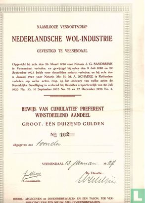 Nederlandsche Wol-industrie, Bewijs van cumulatief preferent winstdeelend aandeel 1.000 Gulden, 1927