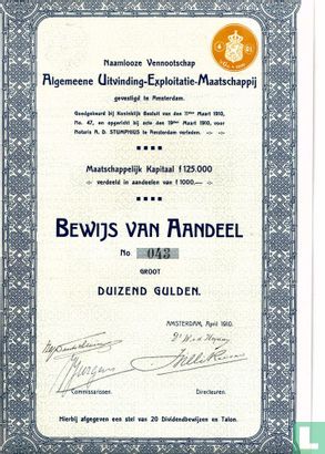 Algemeene Uitvinding-Exploitatie-Maatschappij, Bewijs van aandeel, 1.000 Gulden, 1910