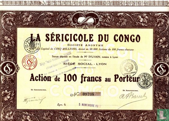 La Sericicole du Congo, Action de 100 Francs, 1927