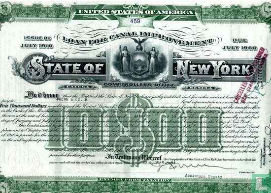 State of New York, Loan for Canal Improvement, $ 10.000,=, Issue of July 1910