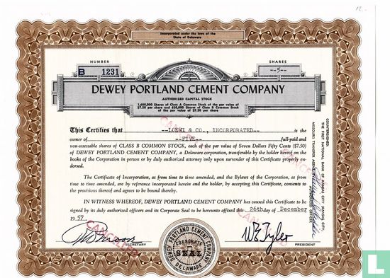 Dewey Portland Cement Company, Share certificate, Class B common stock