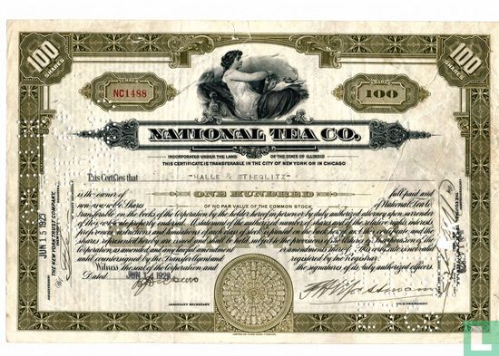 National Tea Company, Certificate for 100 shares, Common stock