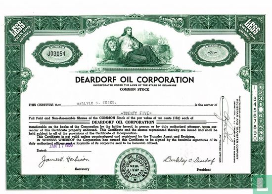 Deardorf Oil Corporation, Certificate for less than 100 shares