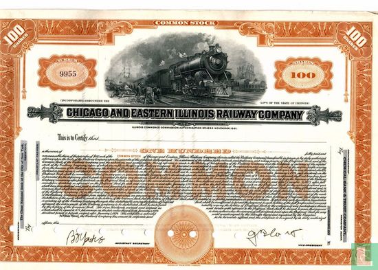 Chicago and Eastern Illinois Railway Company, Certificate for 100 shares common stock, blankette