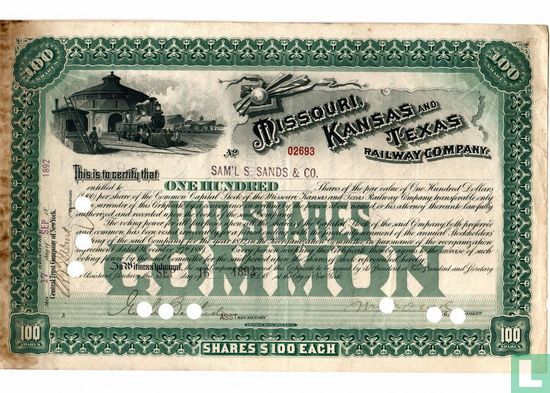 Missouri, Kansas and Texas Railway Company, Certificate for 100 shares, Common stock