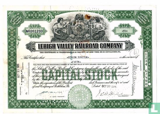 Lehigh Valley Railroad Company, Certificate for less than 100 shares, Capital stock