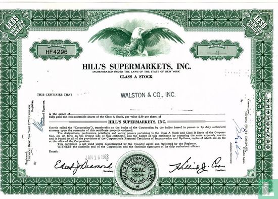 Hill's Supermarkets, Inc., Certificate for less than 100 shares, Class A Stock