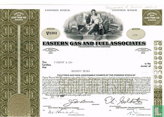 Eastern Gas and Fuel Associates, Certificate for less than 100 shares, Common stock