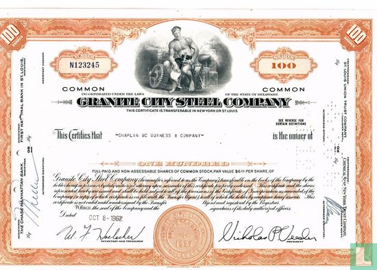 Granite City Steel Company, Certificate for 100 shares, Common stock