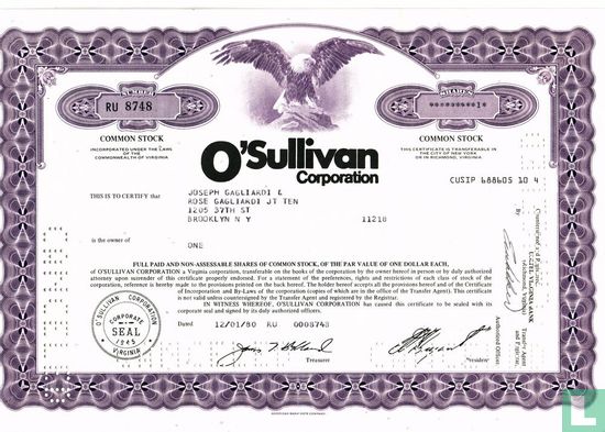 O'Sullivan Corporation, Share certificate, Common stock