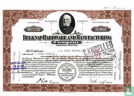 Belknap Hardware and Manufacturing Company, Share certificate