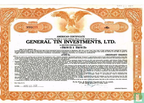 General Tin Investments, Ltd, Certificate for less than 100 shares, Ordinary shares of capital stock