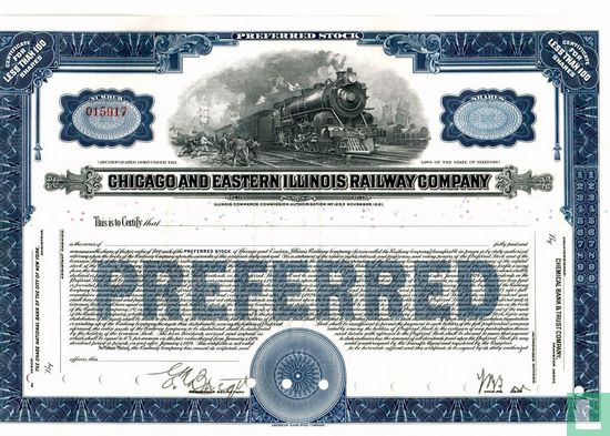 Chicago and Eastern Illinois Railway Company, Certificate for less than 100 shares preferred stock, blankette