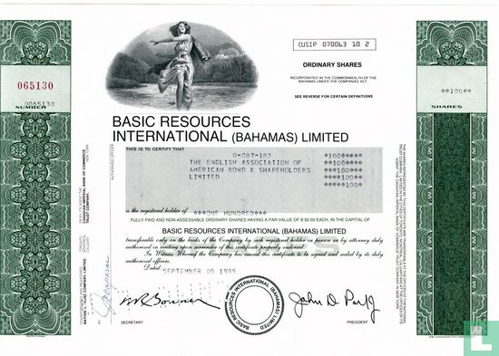 Basic Resources International (Bahamas) Limited, Share Certificate