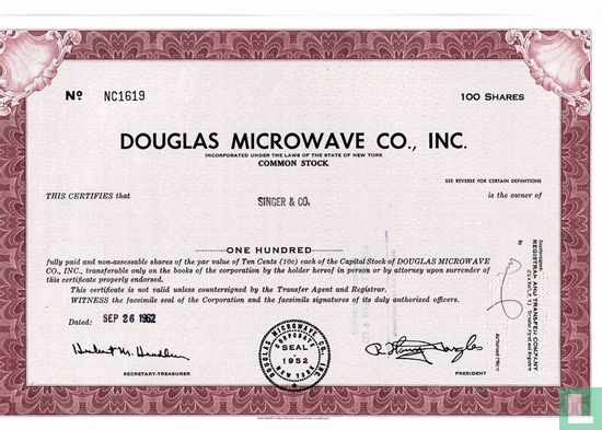 Douglas Microwave Co., Inc., Certificate for 100 shares