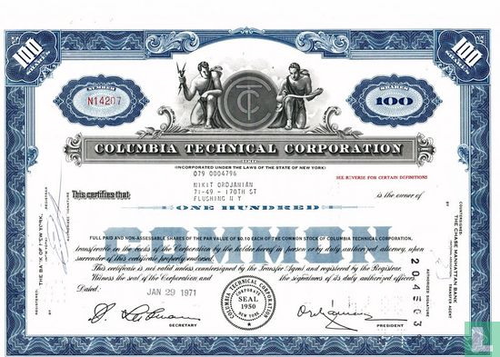Columbia Technical Corporation, Certificate for 100 shares common stock