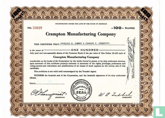 Crampton Manufacturing Company, Certificate for 100 shares