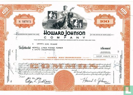 Howard Johnson Company, Certificate for 100 shares, Common stock