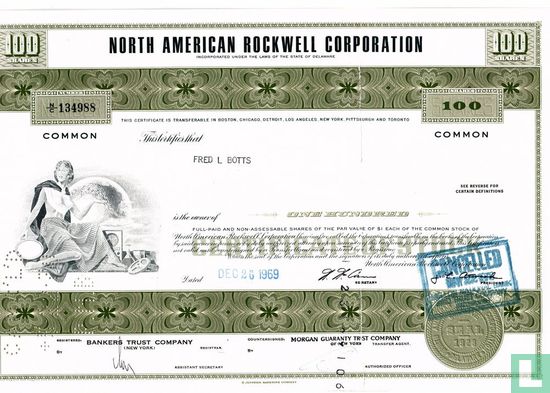 North American Rockwell Corporation, Certificate for 100 shares, Common stock