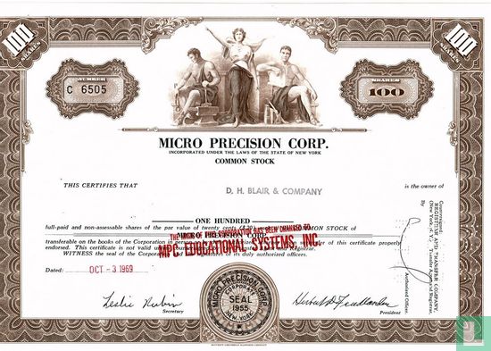 Micro Precision Corp., Certificate for 100 shares, Common stock
