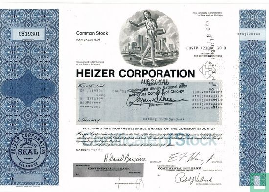 Heizer Corporation, Share certificate, Common stock