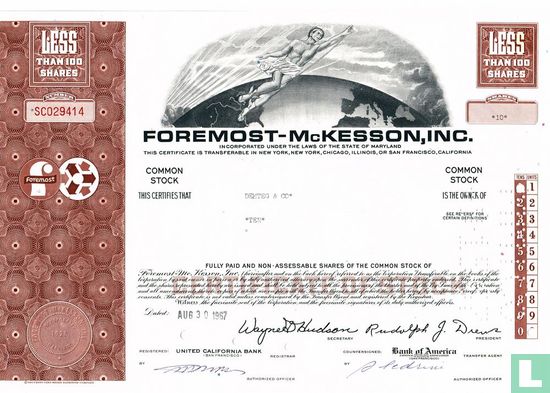 Foremost-McKesson, Inc., Certificate for less than 100 shares, Common stock
