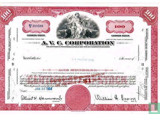 A.V.C. Corporation, Certificate of 100 shares