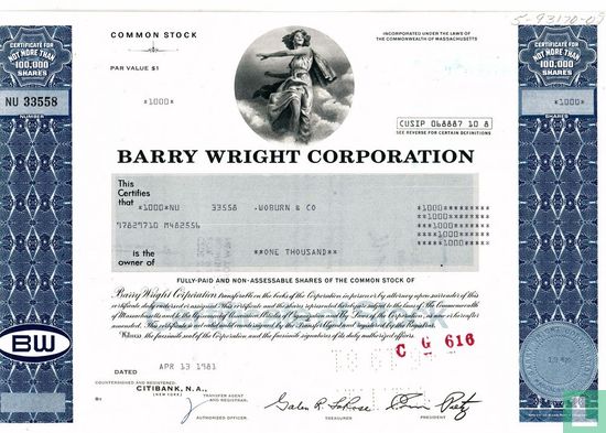Barry Wright Corporation, Certificate for not more than 100.000 shares
