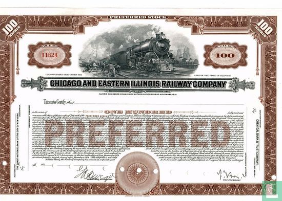 Chicago and Eastern Illinois Railway Company, Certificate for 100 shares preferred stock, blankette