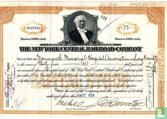 Lot of 2 1930s New York Central Railroad Company Stock Certificates Vanderbilt 