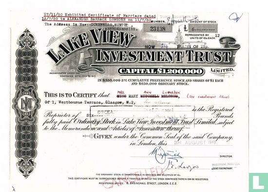 Lake View Investment Trust, Share certificate, Ordinary stock
